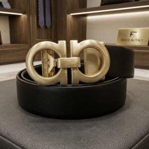Men Black Buckle Belt with gold-tone double ring buckle