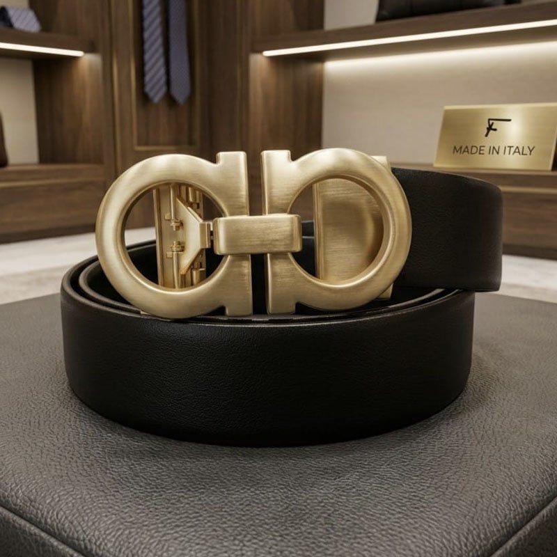 Men Black Buckle Belt with gold-tone double ring buckle