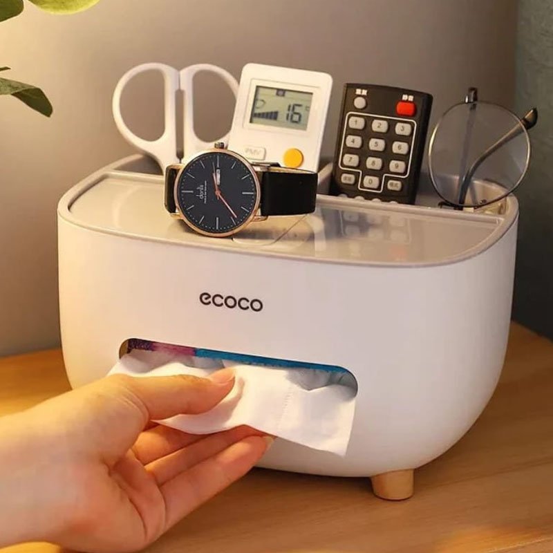Tissue Box Organizer with desktop storage compartments