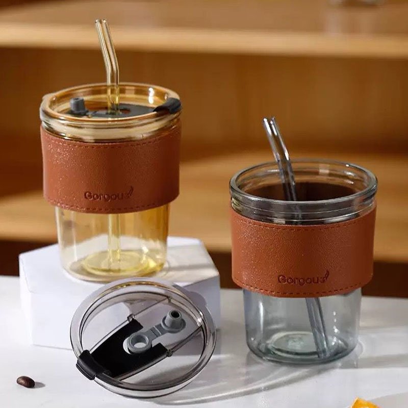 Glass Tumbler with Straw, lid and protective sleeve