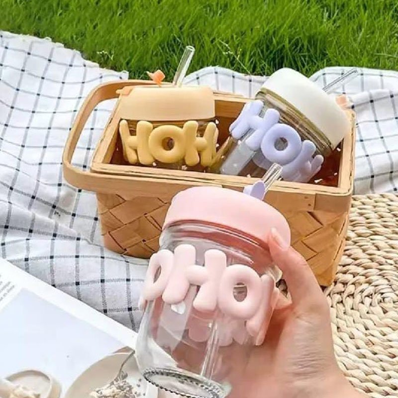 Cute Glass Water Bottle with straw and colorful lid