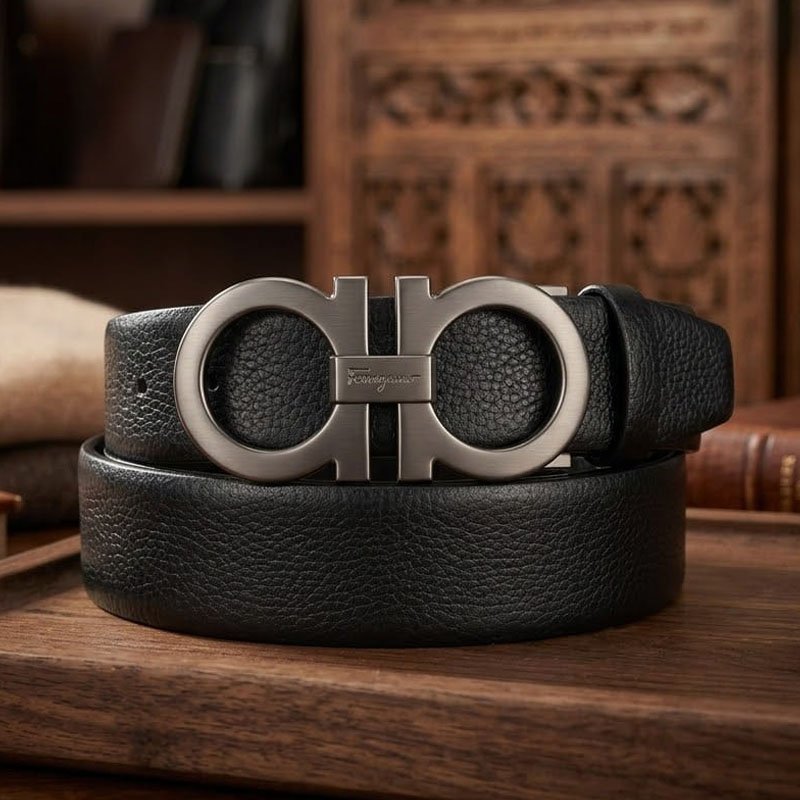 mens black leather belt with silver double ring buckle on wooden tray