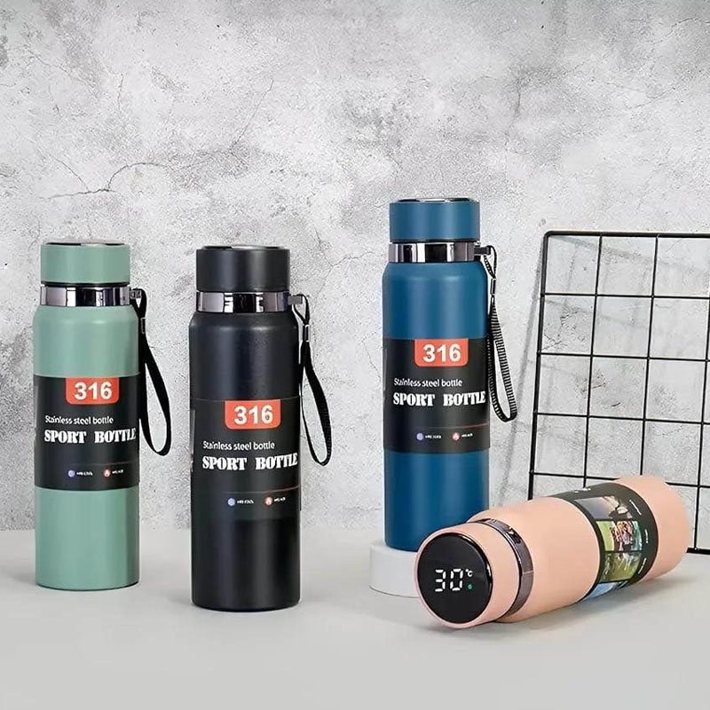 Temperature Display Water Bottle with insulated design and carry strap