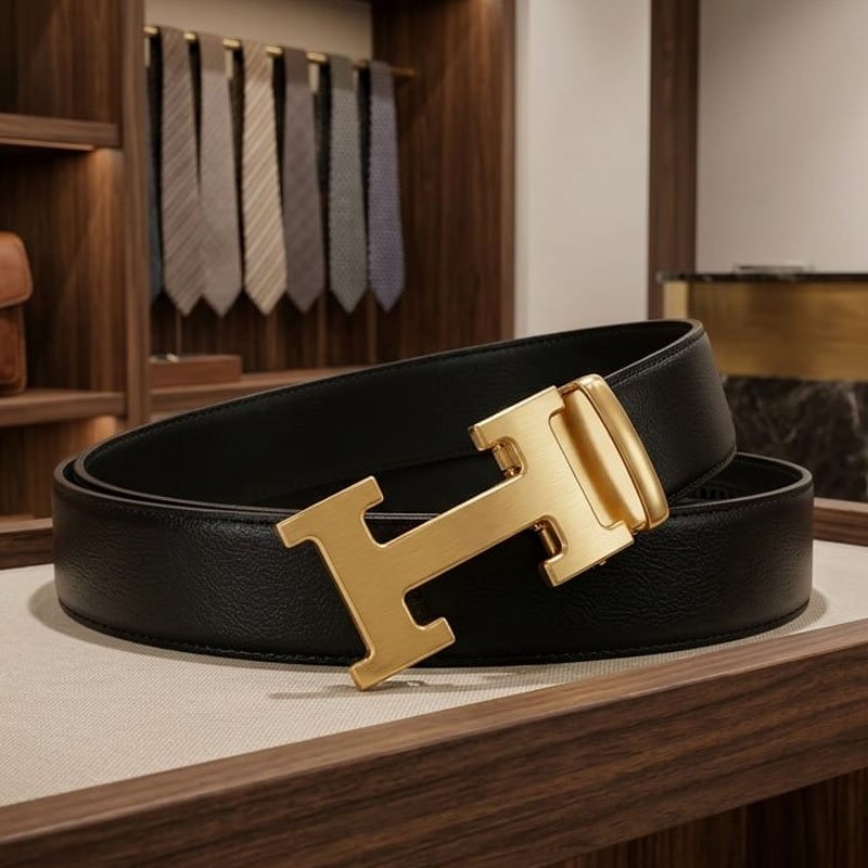 Black Buckle Belt with gold-tone H buckle