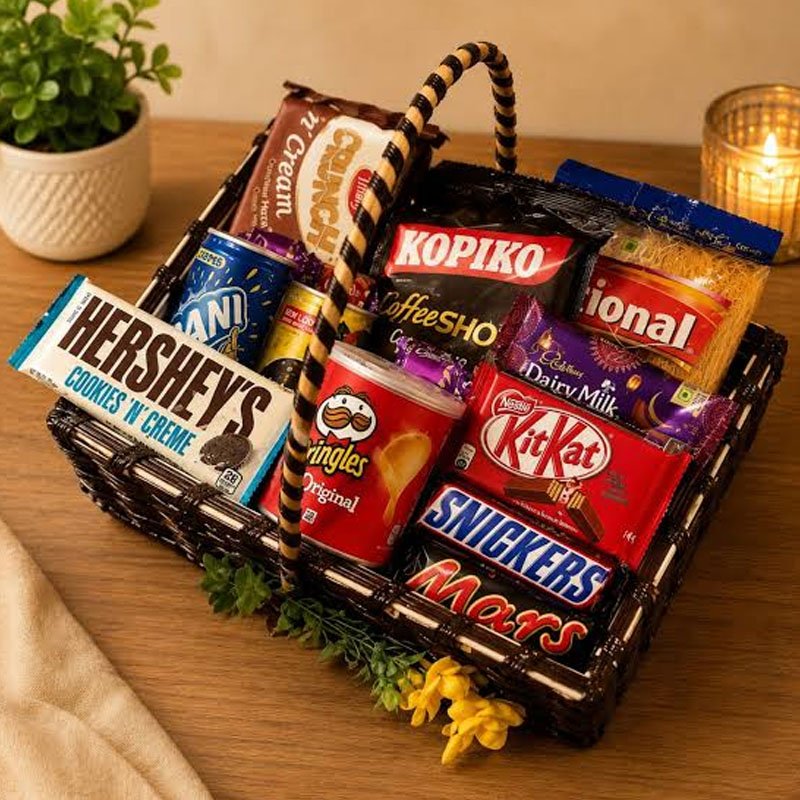 Chocolate Snack Gift Basket with assorted chocolates and snacks