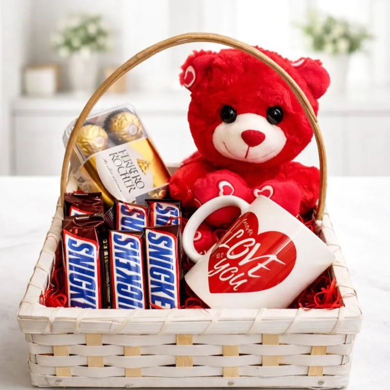 Romantic love gift basket with red teddy bear, chocolates, Ferrero Rocher and I Love You mug