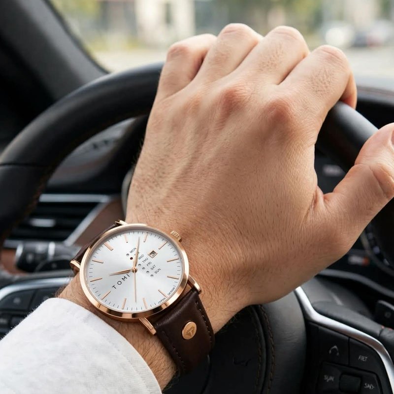 Tomi Men's | Leather Watch | Day & Date Display | Japan Design | Elegant Style - Image 4