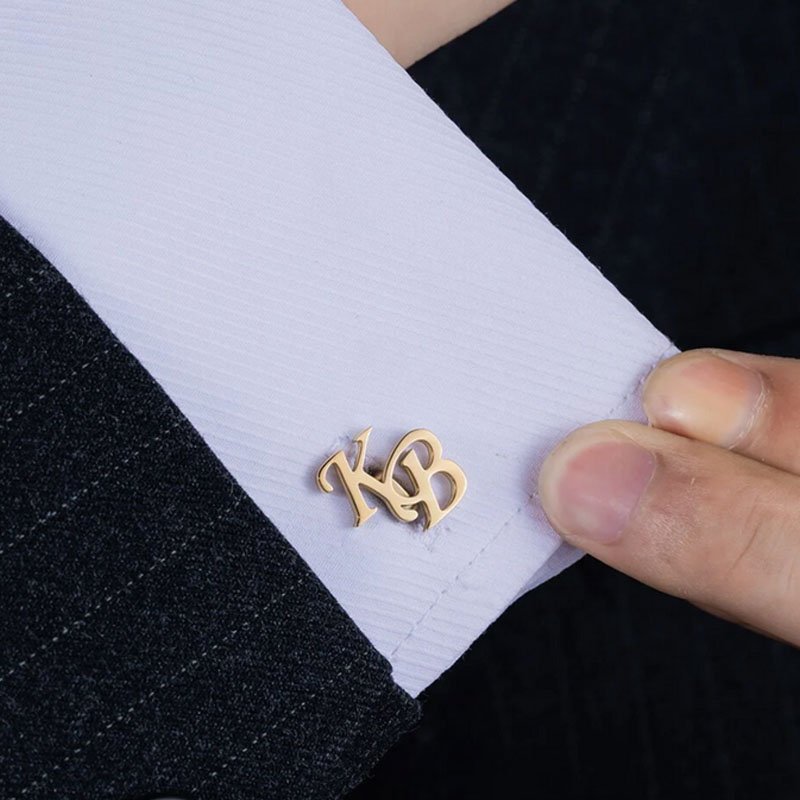 Gold Initial Cufflinks for Men on White Shirt