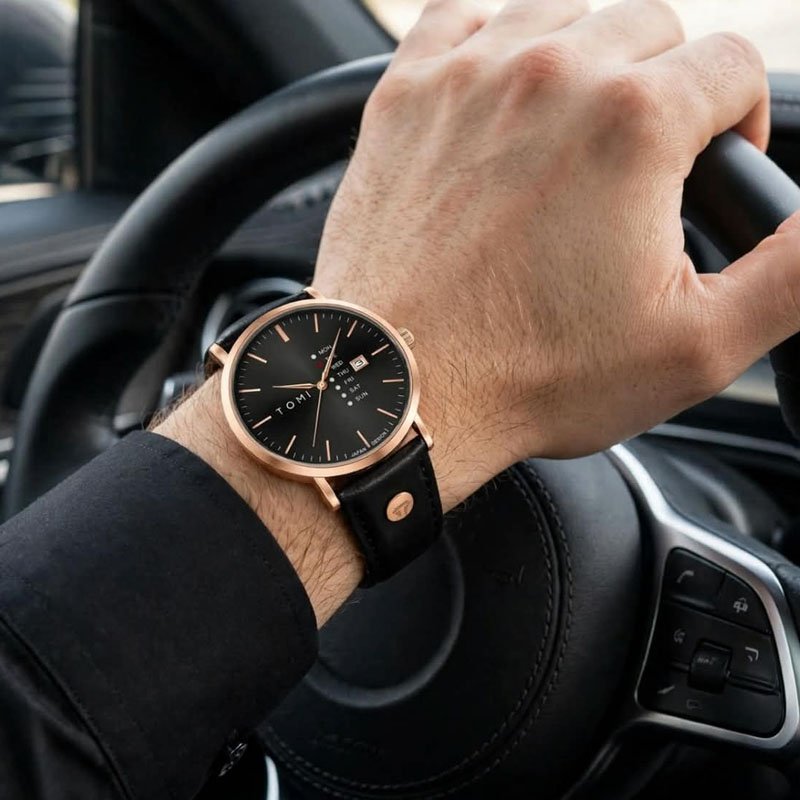 Tomi Men's | Leather Watch | Day & Date Display | Japan Design | Elegant Style - Image 2