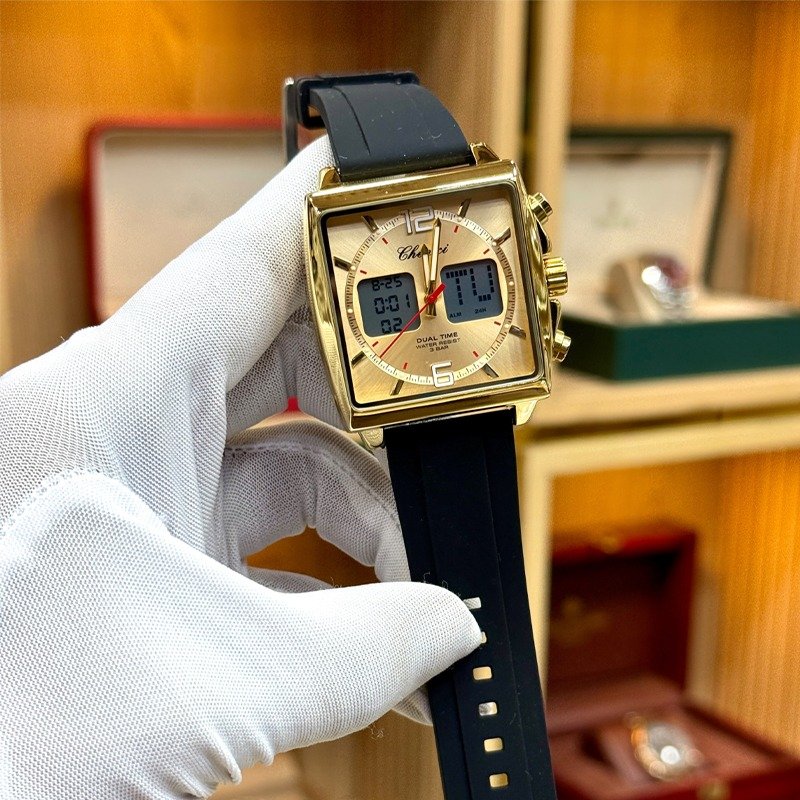 Analog Digital Watch with gold-tone square dial and black strap