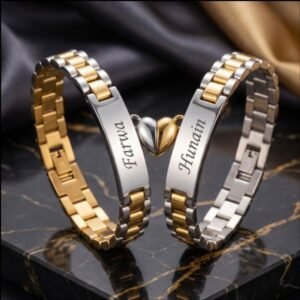 Custom couple magnet bracelets with engraved names and magnetic heart charms