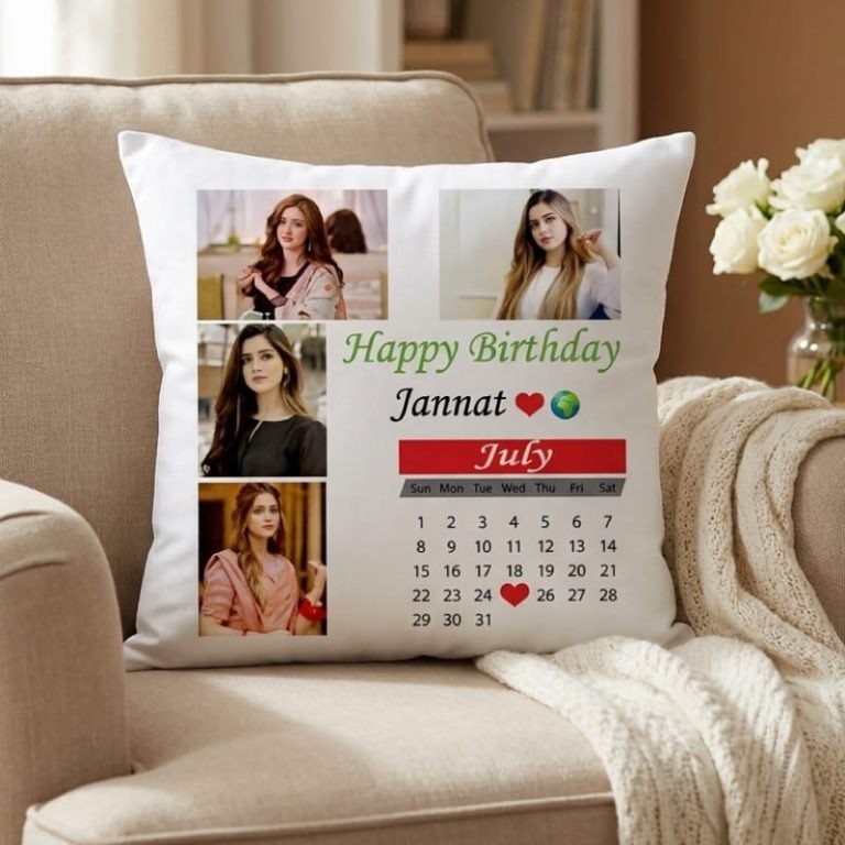 Custom photo calendar cushion with multiple picture slots and birthday text