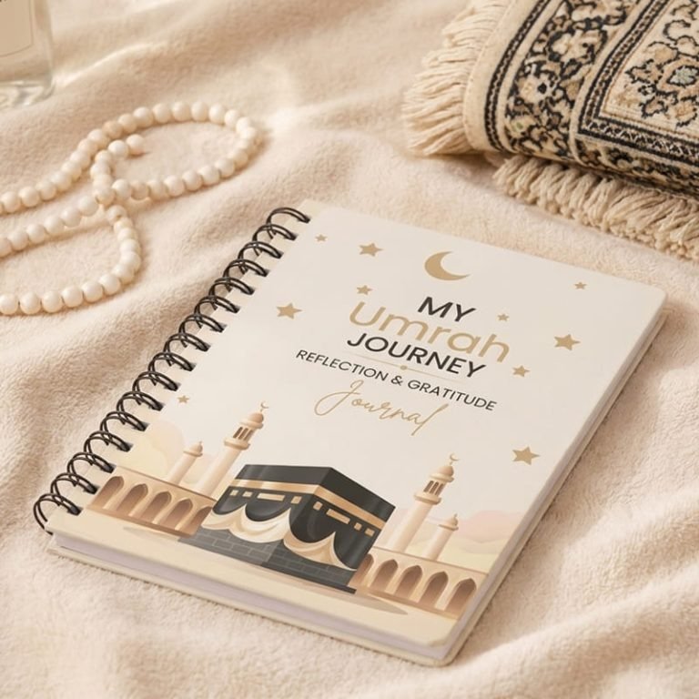 My Umrah Journey Islamic reflection and gratitude journal notebook with Kaaba design