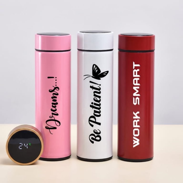 Smart stainless steel water bottle with LED temperature display in pink white and red colors