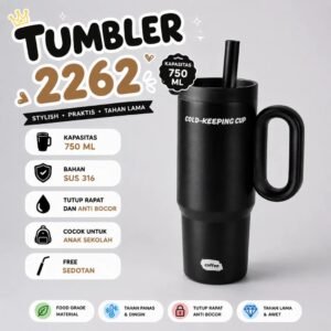 Black 750ml stainless steel tumbler with handle and straw