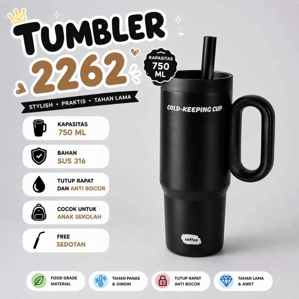 Black 750ml stainless steel tumbler with handle and straw