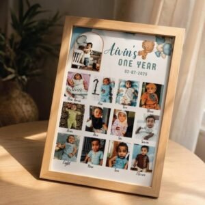 Personalized baby first year photo frame with monthly milestone pictures and custom name design
