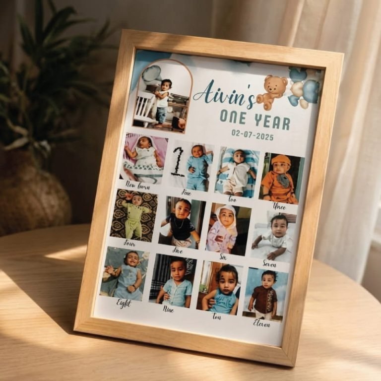 Personalized baby first year photo frame with monthly milestone pictures and custom name design