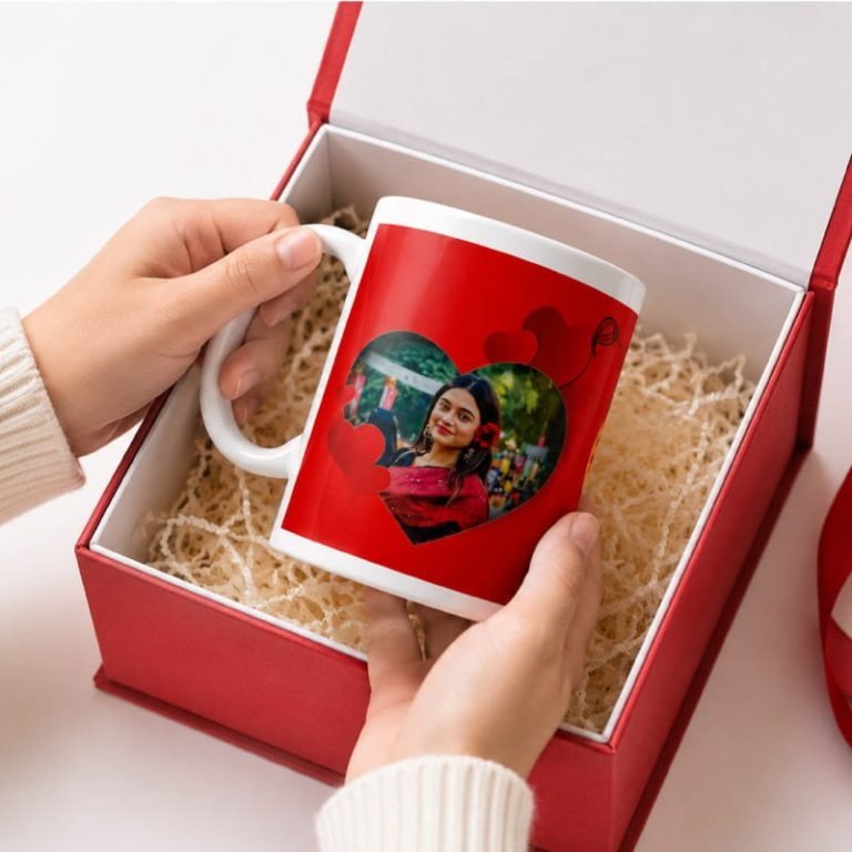 Custom photo coffee mug with red heart design and luxury gift box