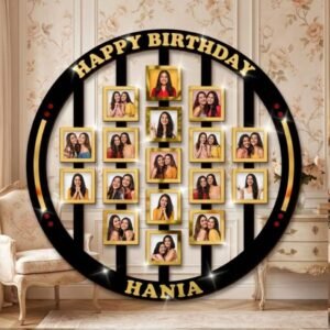Custom birthday photo wall frame with multiple golden-bordered picture slots and name banner