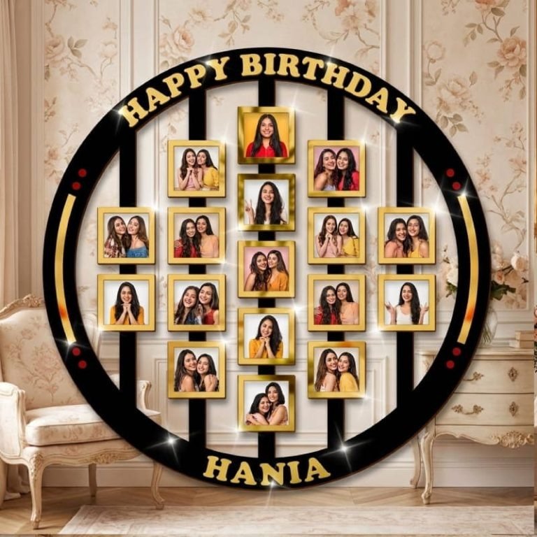 Custom birthday photo wall frame with multiple golden-bordered picture slots and name banner