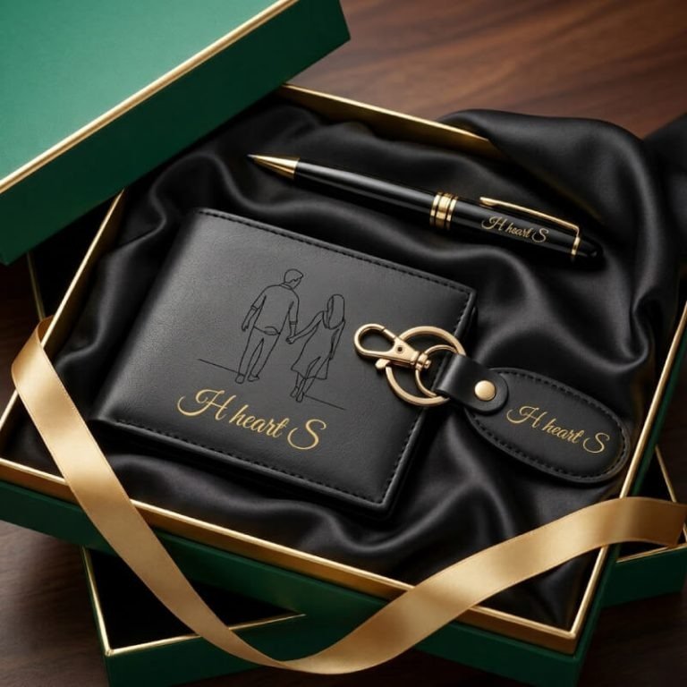 Custom couple leather gift set with engraved wallet, matching keychain, and pen