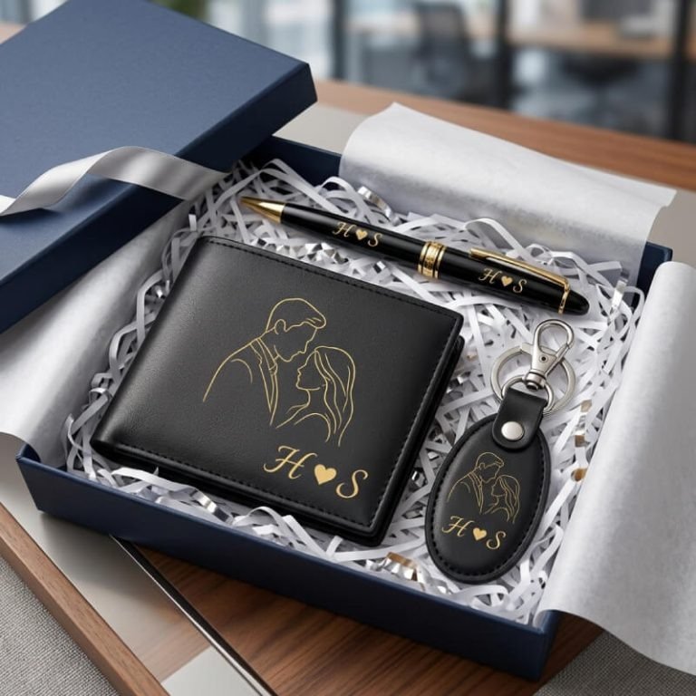 Custom Couple Leather Gift Set – Personalized Wallet, Pen & Keychain Box - Image 2