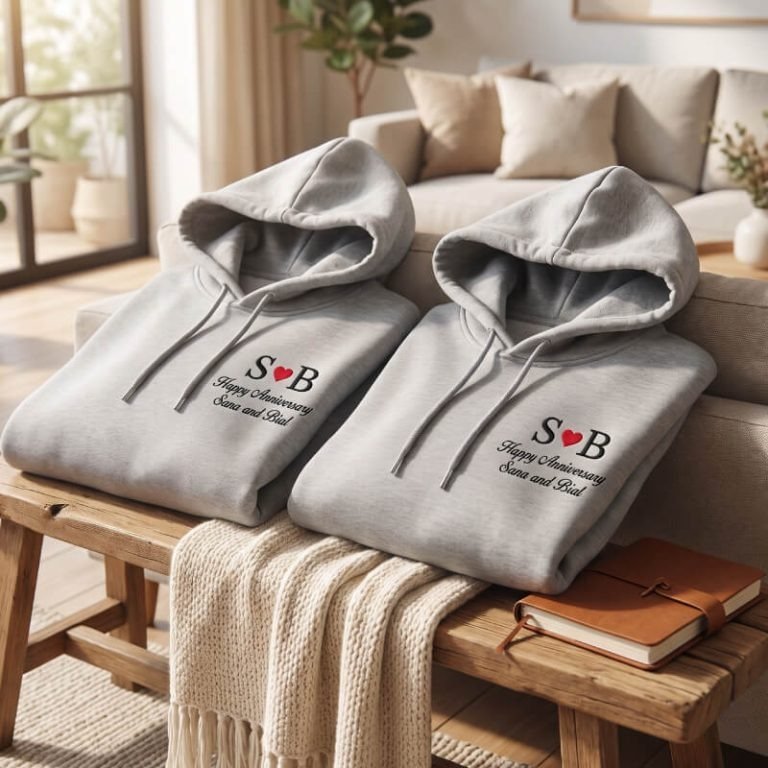 Custom couple anniversary hoodies with personalized initials, heart icon, and names