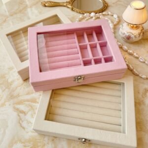 Luxury Jewelry Organizer Box with Glass Lid and Velvet Compartments