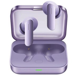 Purple wireless earbuds with a matching charging case
