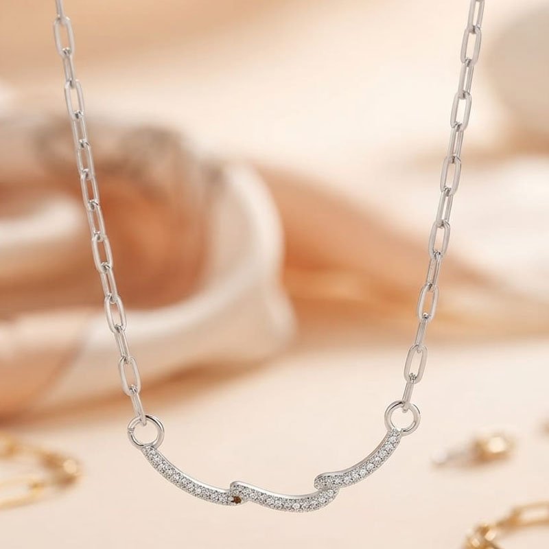 Silver Link Chain Necklace | Elegant Wave Design Choker - Image 2