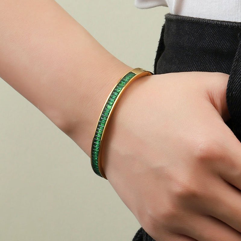 Gold bracelet for women | Elegant Green Crystal Bangle - Image 2