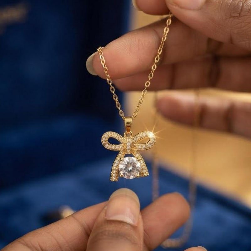 Gold Bow Necklace | Sparkling Crystal Ribbon Pendant for Women - Image 2