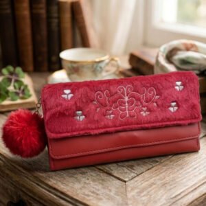 Luxury Women's Fur Clutch Purse with Embroidery Design and Pom Pom