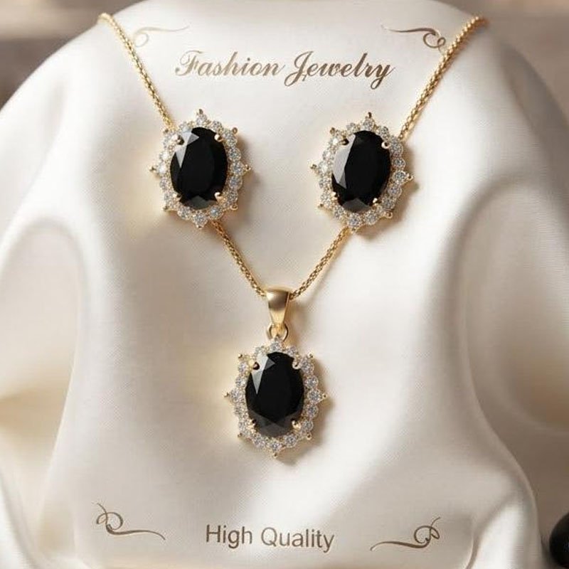 Oval Crystal Jewelry Set | Gold-Plated Necklace & Earring Set - Image 3