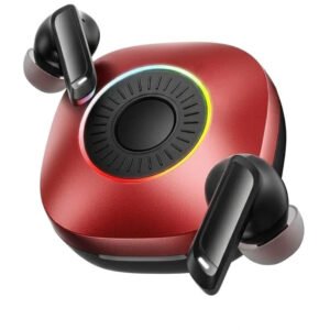 RGB wireless earbuds with metallic red charging case, colorful LED ring and black in-ear earphones