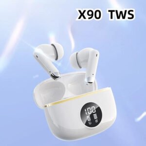 X90 TWS white wireless Bluetooth earbuds with digital LED battery display and charging case