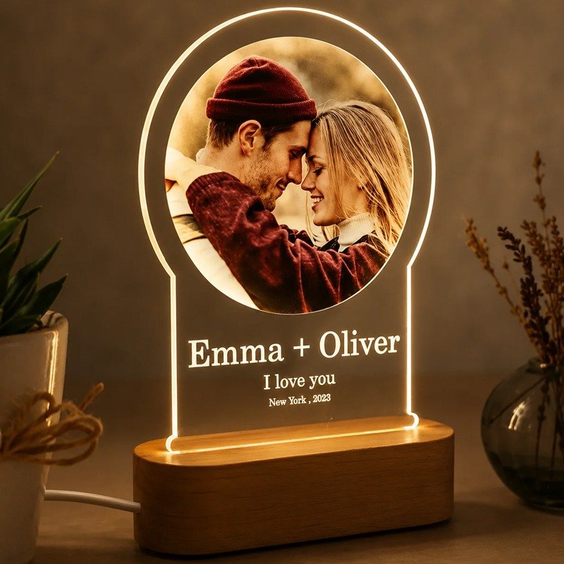 Custom LED photo lamp with wooden base and engraved names