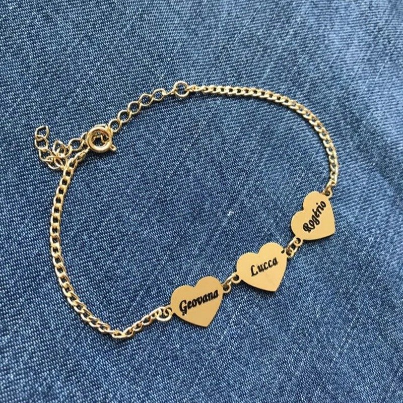 Personalized multi heart name bracelet with custom gold engraving