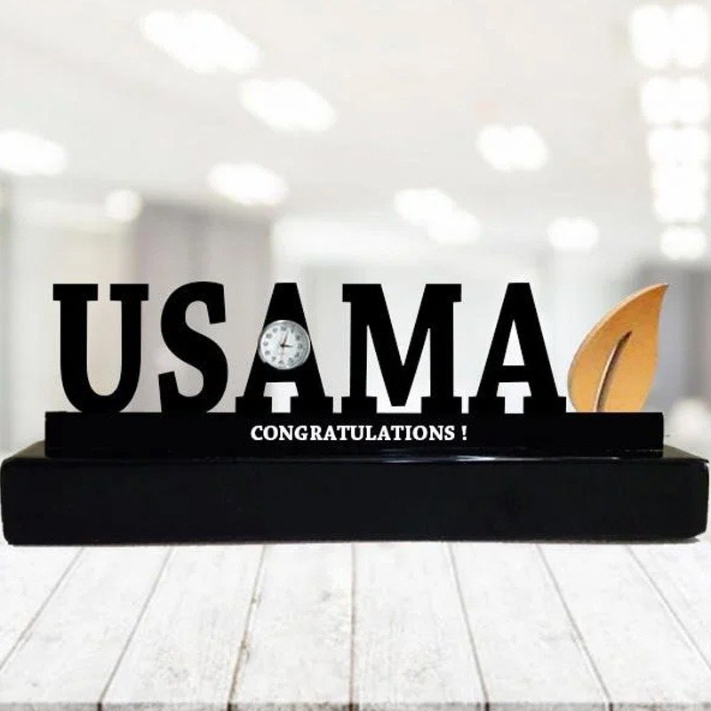 Custom name desk plaque with built-in miniature clock and black base