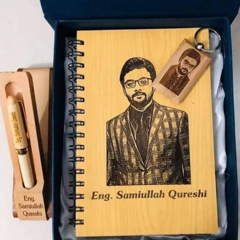 Custom wooden gift set with engraved portrait notebook, pen, and keychain