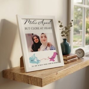 Personalized friendship frame with two friends photo and long-distance map