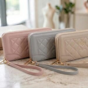 Luxury Women's Quilted Wallet with Zipper Closure and Wrist Strap