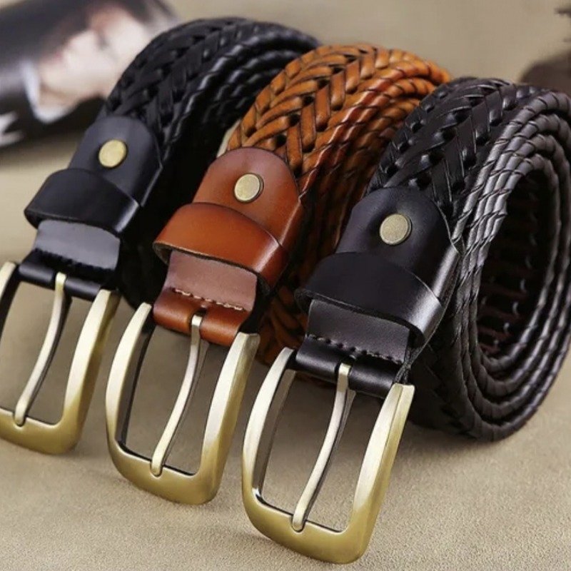Premium woven leather belt for men with stylish buckle design in black and brown colors