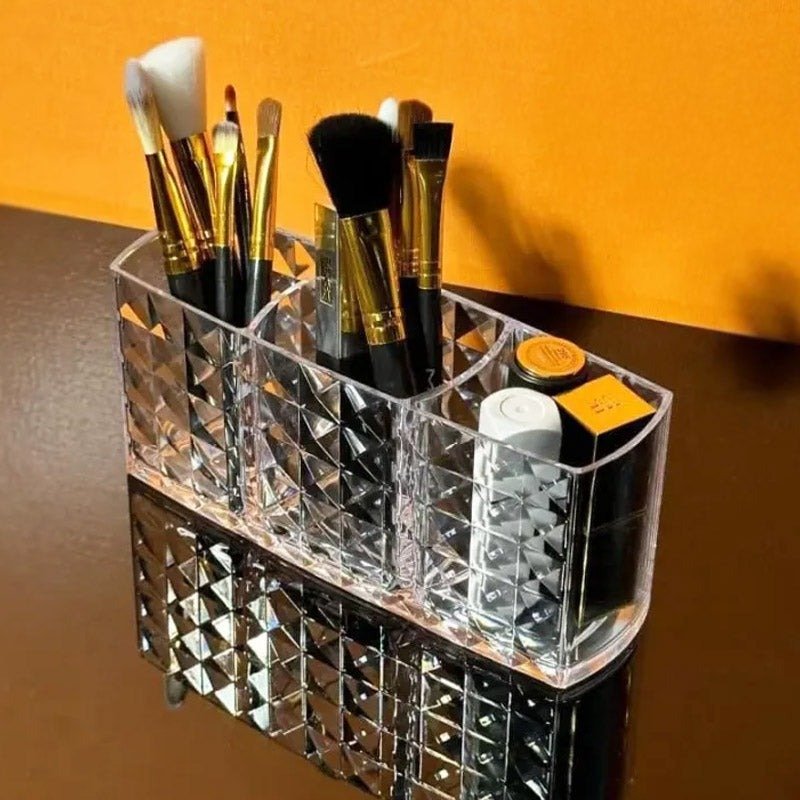 Transparent acrylic makeup organizer with compartments for cosmetics and brushes