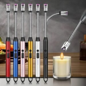 Rechargeable electric arc lighter with flexible neck for candles and kitchen use
