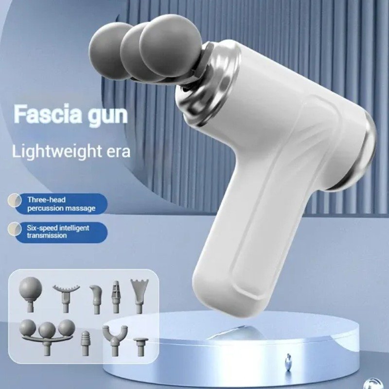 White fascia massage gun with multiple massage heads and speed settings