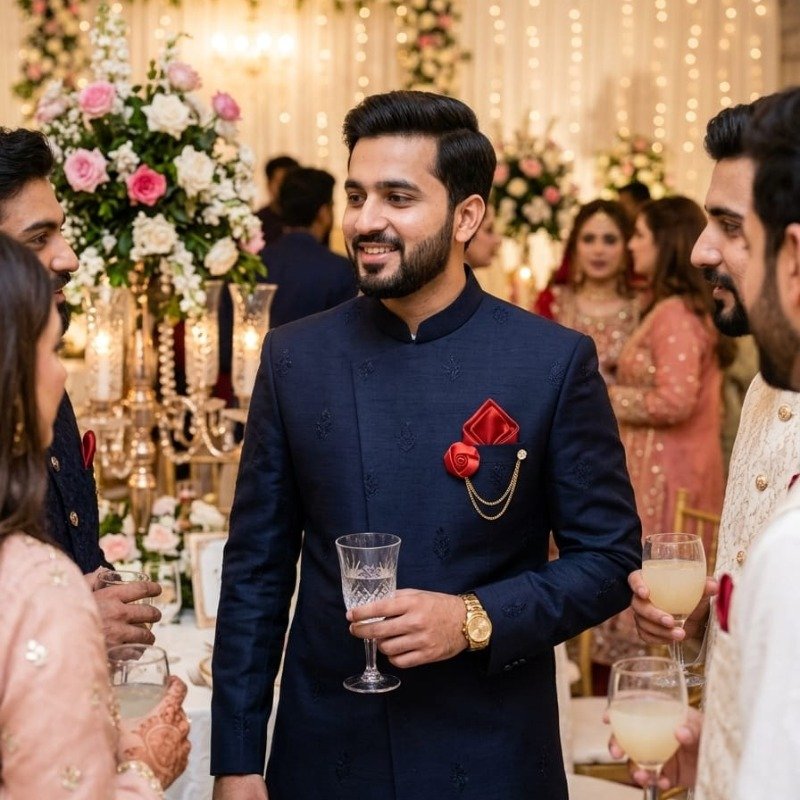 Men wearing elegant red rose pocket brooch with chain on navy blue sherwani