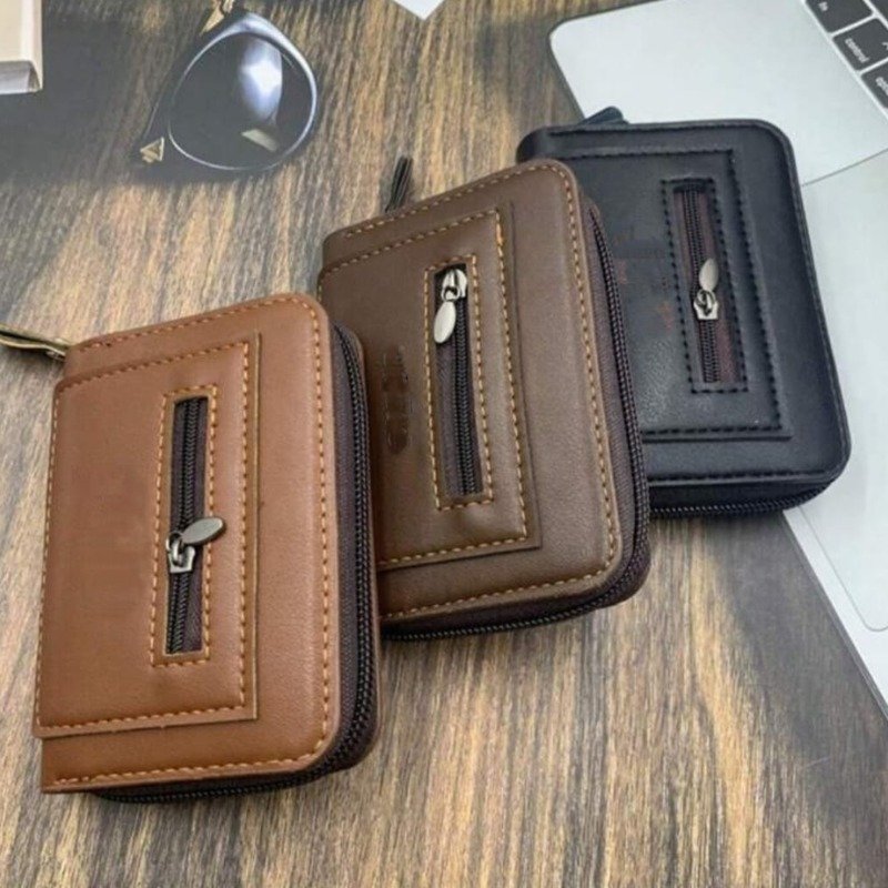 Compact leather mini wallet with zip closure in brown and black colors