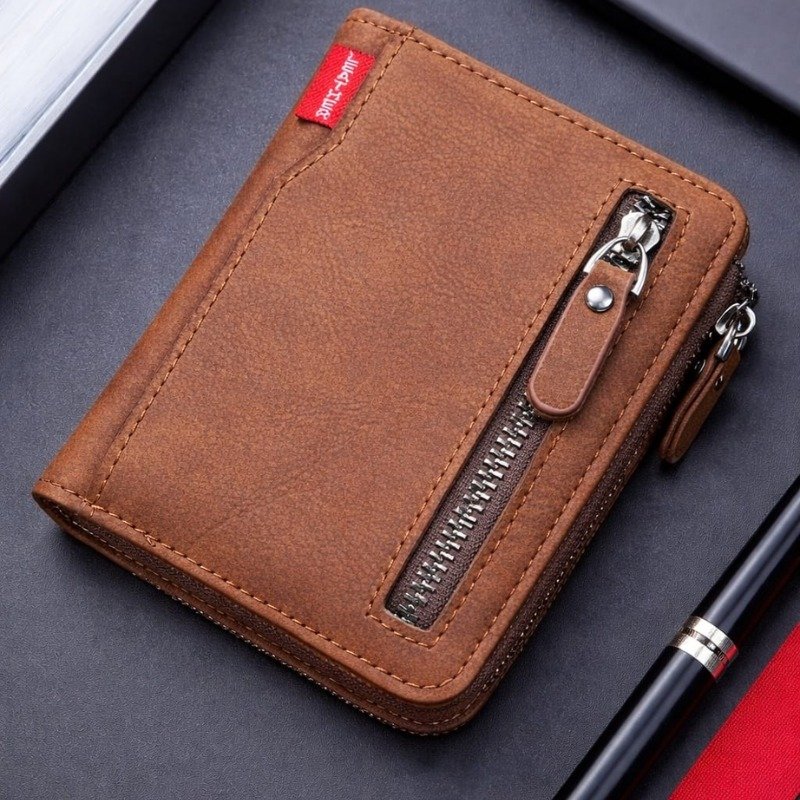 Brown leather zip wallet with cash pocket and compact design